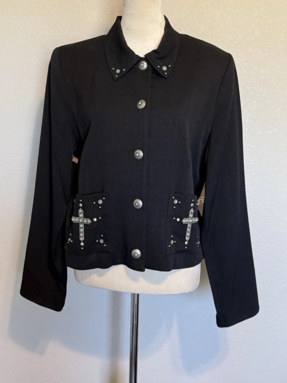 Double D Ranch Womens Medium Black Cross Rhinestone Blazer Fully Lined